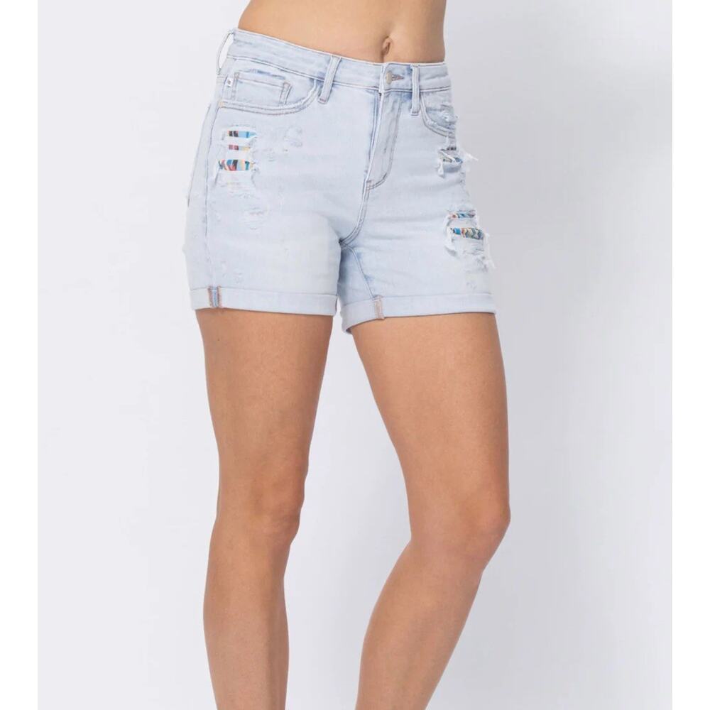 Judy Blue Aztec Patch Distressed Cuffed Light Wash Denim Shorts Womens XL